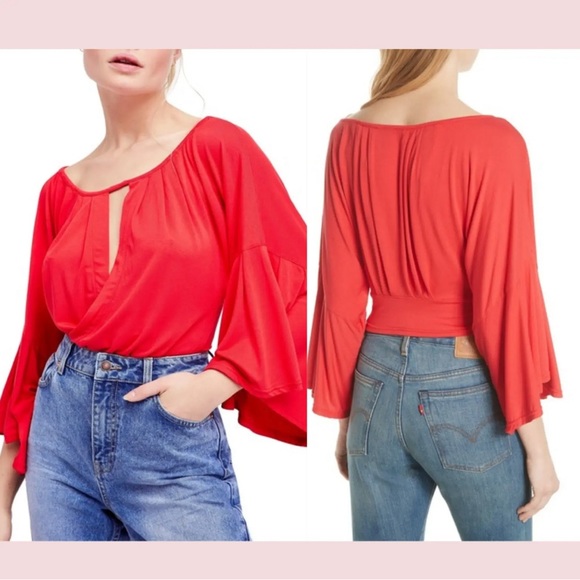 *HOST PICK* NWOT Free People [ S ] Last Time In Red Bell Sleeve Crop - Picture 2 of 8